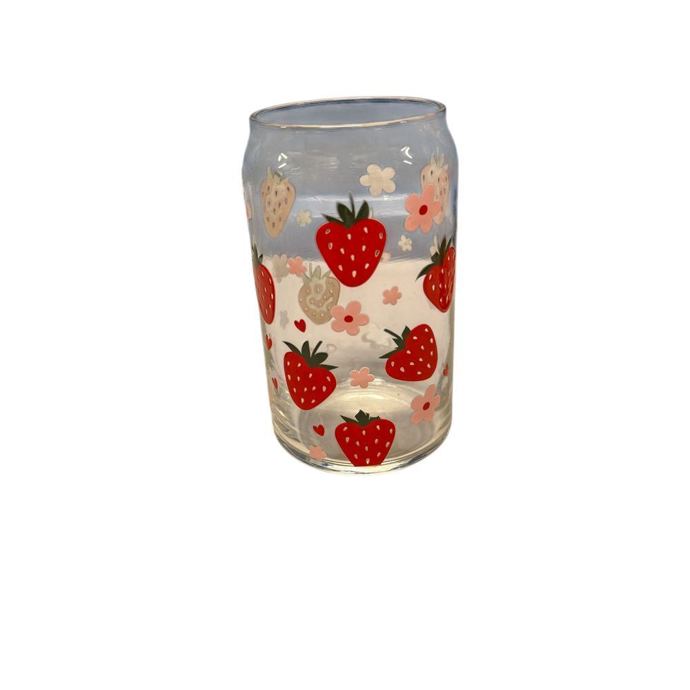 Cute Strawberry Pattern Glass Drinking Cup Kitchen Decor Tumbler
